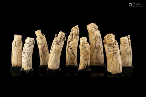 Nine old ivory carvings depicting Immortals (defects and los...
