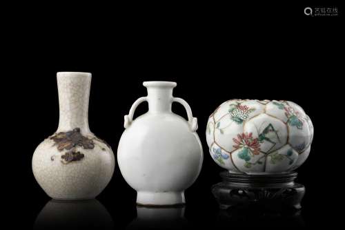 A brush washer, a small white porcelain vase and a craquele ...