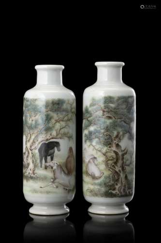 A pair of vases decorated with horses among trees, Qianlong ...
