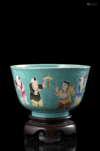 A green glaze "boys" bowl, Jiaqing apocryphal mark...