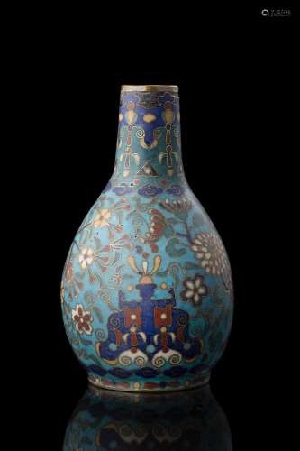 A cloisonnÃ¨ small vase with blue ground and flowers decorat...