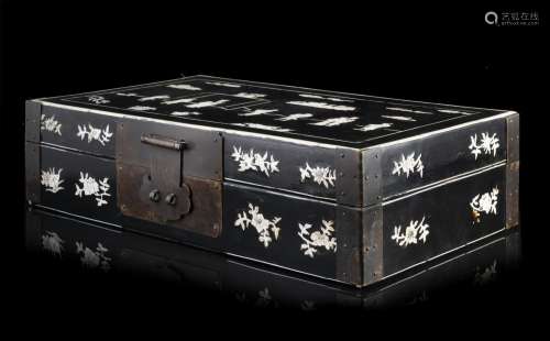 An ebonized wood box, bone inlaid with figures and pagodas i...