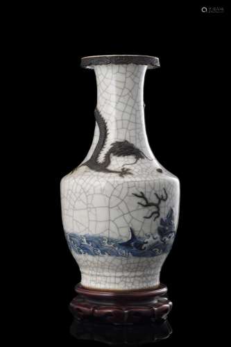 A dragon vase with craquele glaze, on wood base (slight defe...