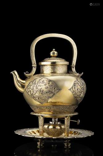 An Anglo Chinese silver-gilt teapot on stand with warmer, ce...