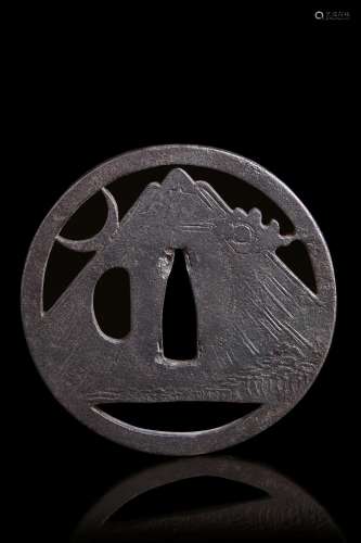 Iron tsuba for katana with Mon and Fujihama Mount. Edo perio...