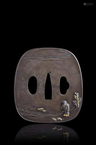 Bronze tsuba signed by the author, decorated with figures. E...