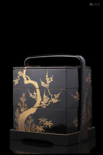 A black lacquer Bento with gilt decoration, three tiers and ...
