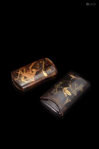 Two tortoise shell cigar boxes, decorated with cranes and tr...