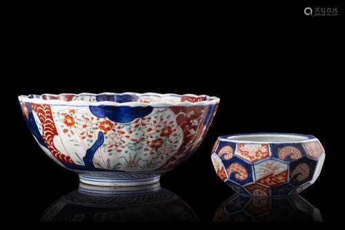A lot comprising an imari bowl and one smaller faceted Japan...