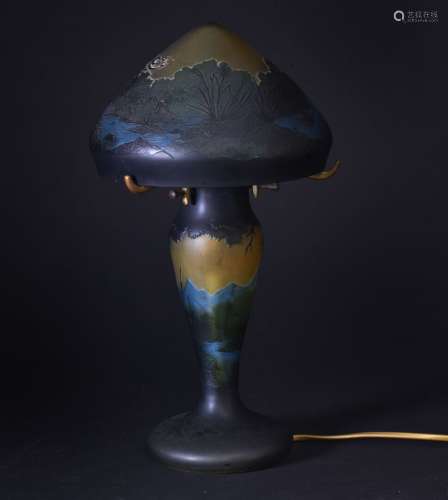 GALLE (Dans le gout de) Lampe champignon à décor de paysage ...