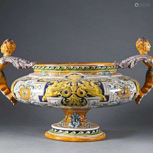 Grande vasque sur piédouche en céramique de Blois à décor né...