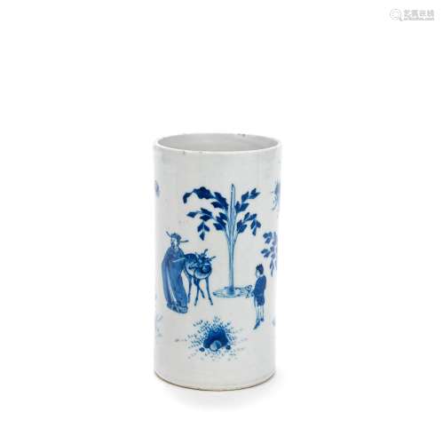 A BLUE AND WHITE 'SCHOLAR AND DEER' BRUSHPOT