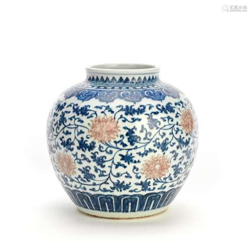 A BLUE AND WHITE AND COPPER RED 'LOTUS' JAR