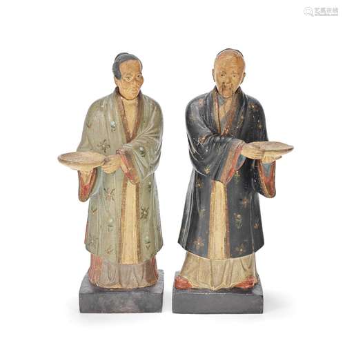 A PAIR OF EXPORT PAINTED CLAY 'NODDING HEAD' FIGURES