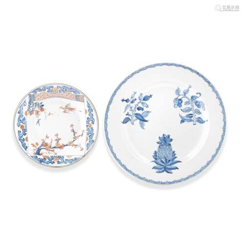 A VERTE-IMARI DISH AND AN UNUSUAL BLUE AND WHITE 'BOTANICAL'...