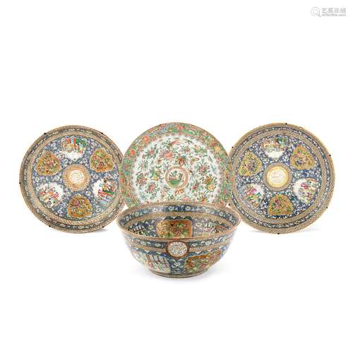 A CANTON FAMILLE ROSE PUNCHBOWL AND A PAIR OF DISHES FROM TH...