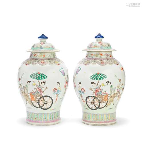 A MIRRORED PAIR OF FAMILLE ROSE 'LADIES AND DEER' JARS AND C...