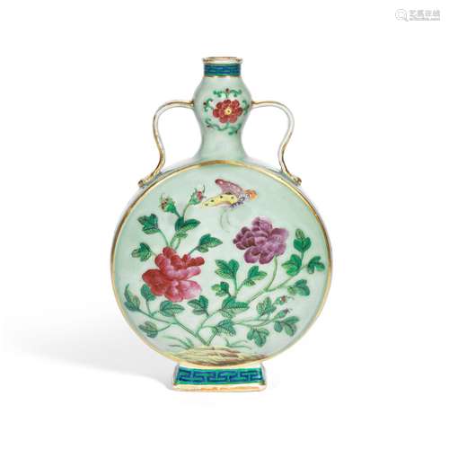 A FAMILLE ROSE CELADON-GROUND MOONFLASK