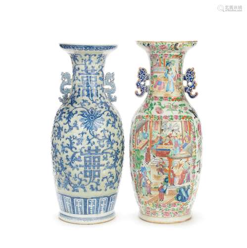 A CANTON FAMILLE ROSE VASE AND A CELADON-GROUND VASE