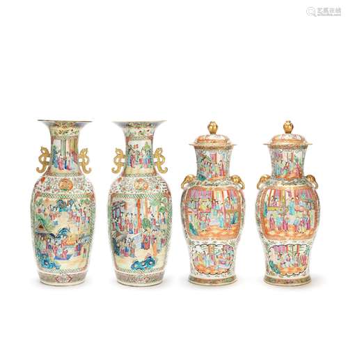 AN ASSOCIATED FOUR-PIECE CANTON FAMILLE ROSE MANTEL PART-GAR...