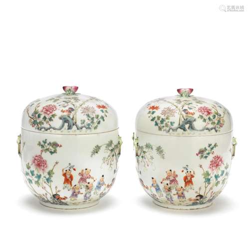 A PAIR OF FAMILLE ROSE 'BOYS' JARS AND COVERS