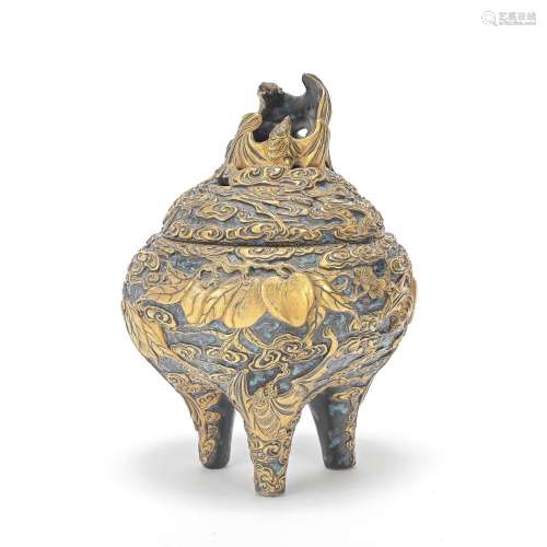 AN 'IMITATION BRONZE' PORCELAIN INCENSE BURNER AND COVER