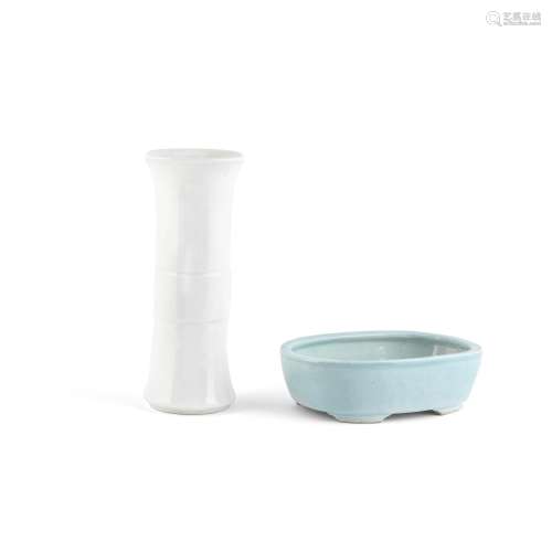 A BLANC-DE-CHINE BEAKER VASE, GU AND A CLAIR-DE-LUNE-GLAZED ...