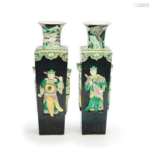 A PAIR OF LARGE BLACK-GROUND FAMILLE VERTE BISCUIT FIGURAL V...