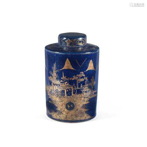 A LARGE GILT-DECORATED BLUE GROUND 'LANDSCAPE' TEA CADDY