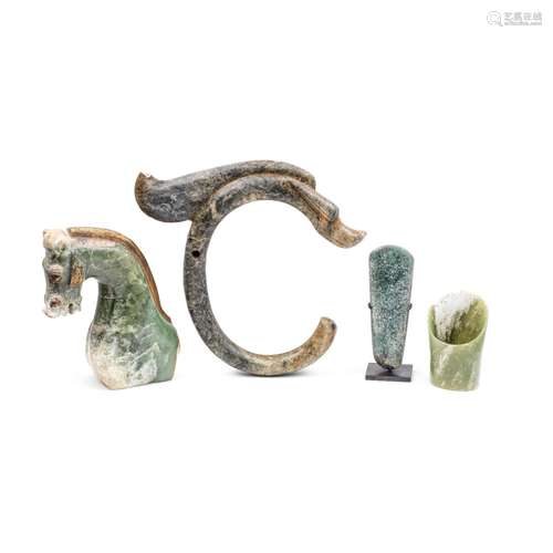 A GROUP OF THREE CHINESE ARCHAISTIC JADES AND ONE OLMEC-STYL...