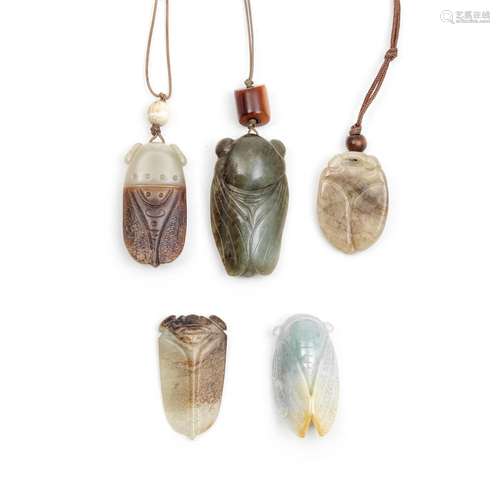 A GROUP OF FIVE JADE CICADA PENDANTS