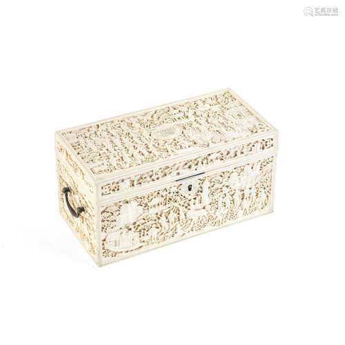 A CARVED MONOGRAMMED IVORY BOX AND HINGED COVER