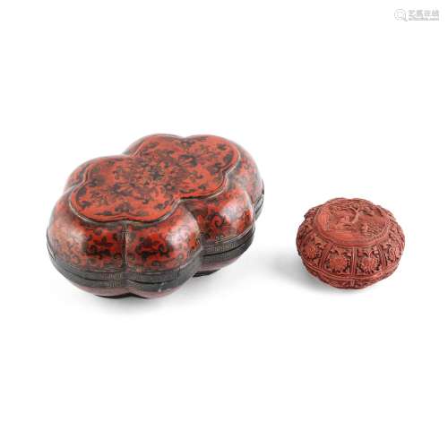 A CARVED CINNABAR LACQUER BOX AND A PAINTED LACQUER BOX