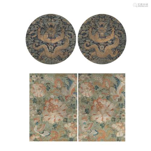 A PAIR OF CIRCULAR 'DRAGON' SILK ROUNDELS AND A PAIR OF EMBR...