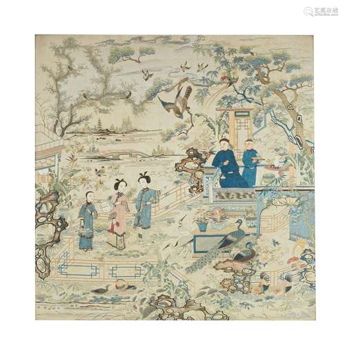 A FINE SILK-EMBROIDERED ALLEGORICAL SCENE PANEL