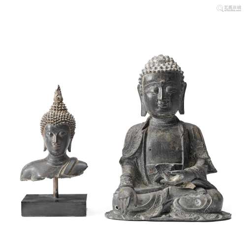A BRONZE BUDDHA'S HEAD AND A FIGURE OF SEATED BUDDHA