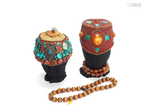 TWO RITUAL HATS AND TWO STRINGS OF PRAYER BEADS