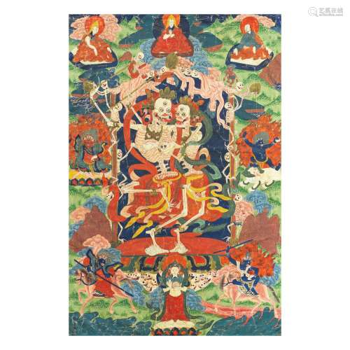 A BLUE AND GREEN GROUND 'CITIPATI' THANGKA