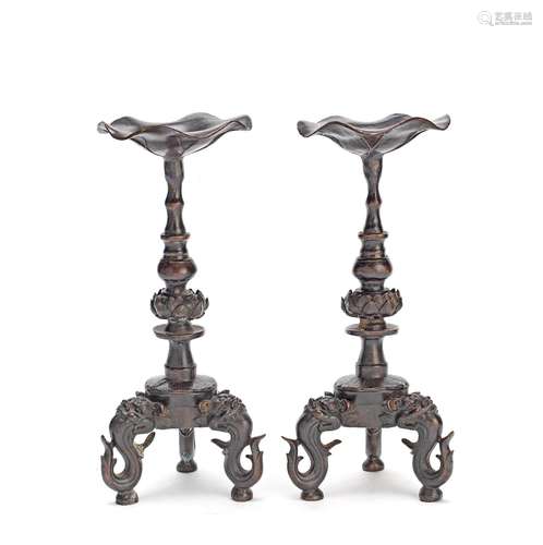 A PAIR OF MING-STYLE BRONZE 'PRICKET' CANDLESTICKS