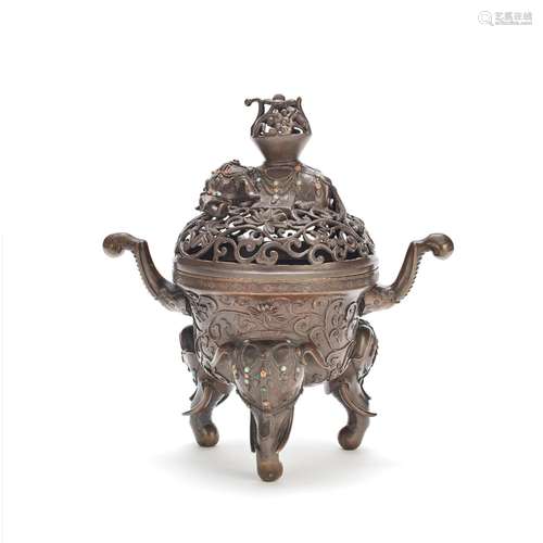 A BRONZE TRIPOD 'ELEPHANT' INCENSE BURNER AND COVER