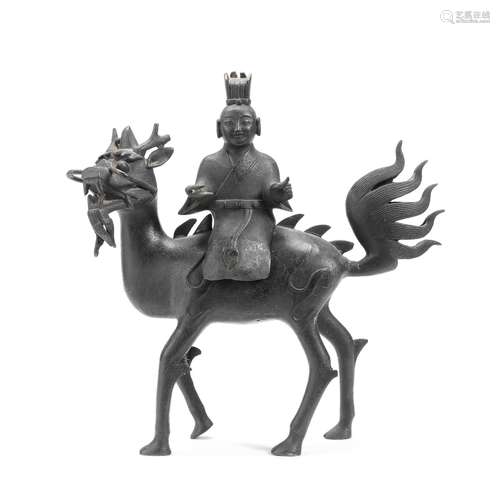 A BRONZE 'IMMORTAL AND KYLIN' INCENSE BURNER