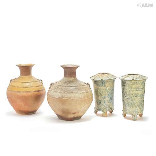 TWO STONEWARE OVOID VASES AND A PAIR OF GREEN-GLAZED GRANARI...