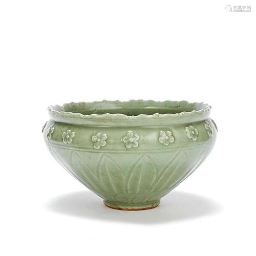 AN UNUSUAL LONGQUAN CELADON-GLAZED CONICAL 'LOTUS AND PRUNUS...