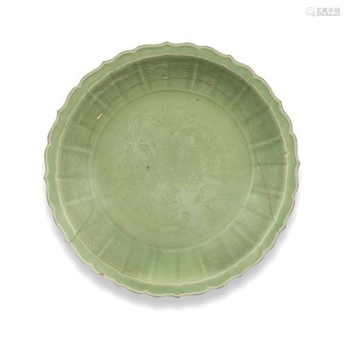 A RARE LONGQUAN CELADON-GLAZED BARBED-RIM 'LOQUATS' DISH