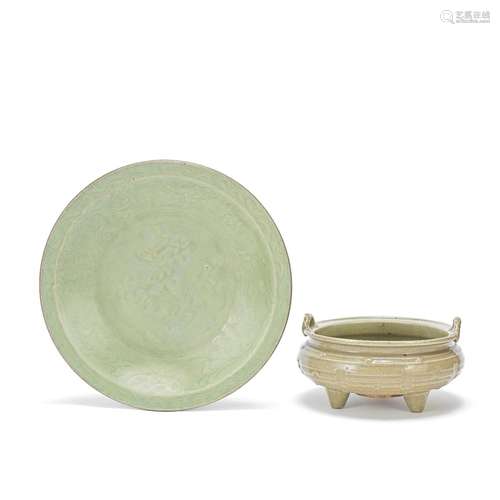 A LONGQUAN CELADON-GLAZED 'TRIGRAM' INCENSE BURNER AND A LON...