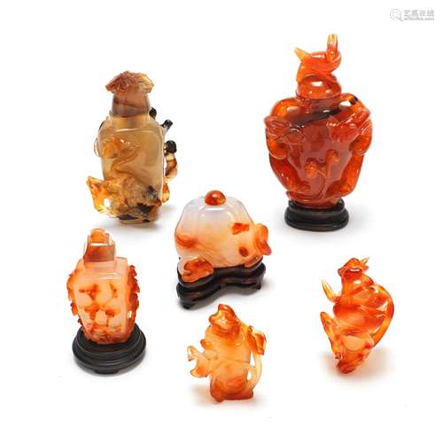 SIX AGATE SNUFF BOTTLES