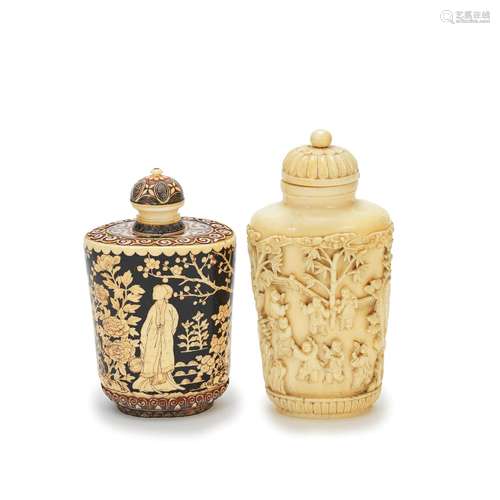 A RELIEF-CARVED IVORY SNUFF BOTTLE AND A JAPANESE CARVED AND...