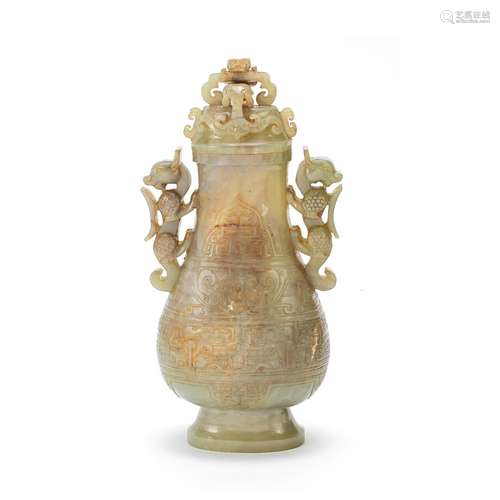 A GREEN JADE ARCHAISTIC PEAR-SHAPED VASE AND COVER, HU