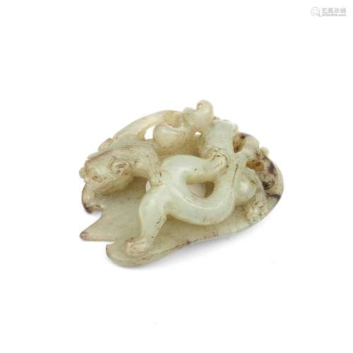 A PALE GREEN AND BLACK JADE 'CHILONG' PLAQUE CARVING