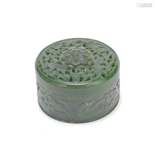 A SPINACH GREEN JADE CIRCULAR BOX AND COVER